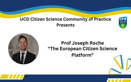 Photo of Prof Joseph Roche announcing a talk on the European Citizen Science Platform